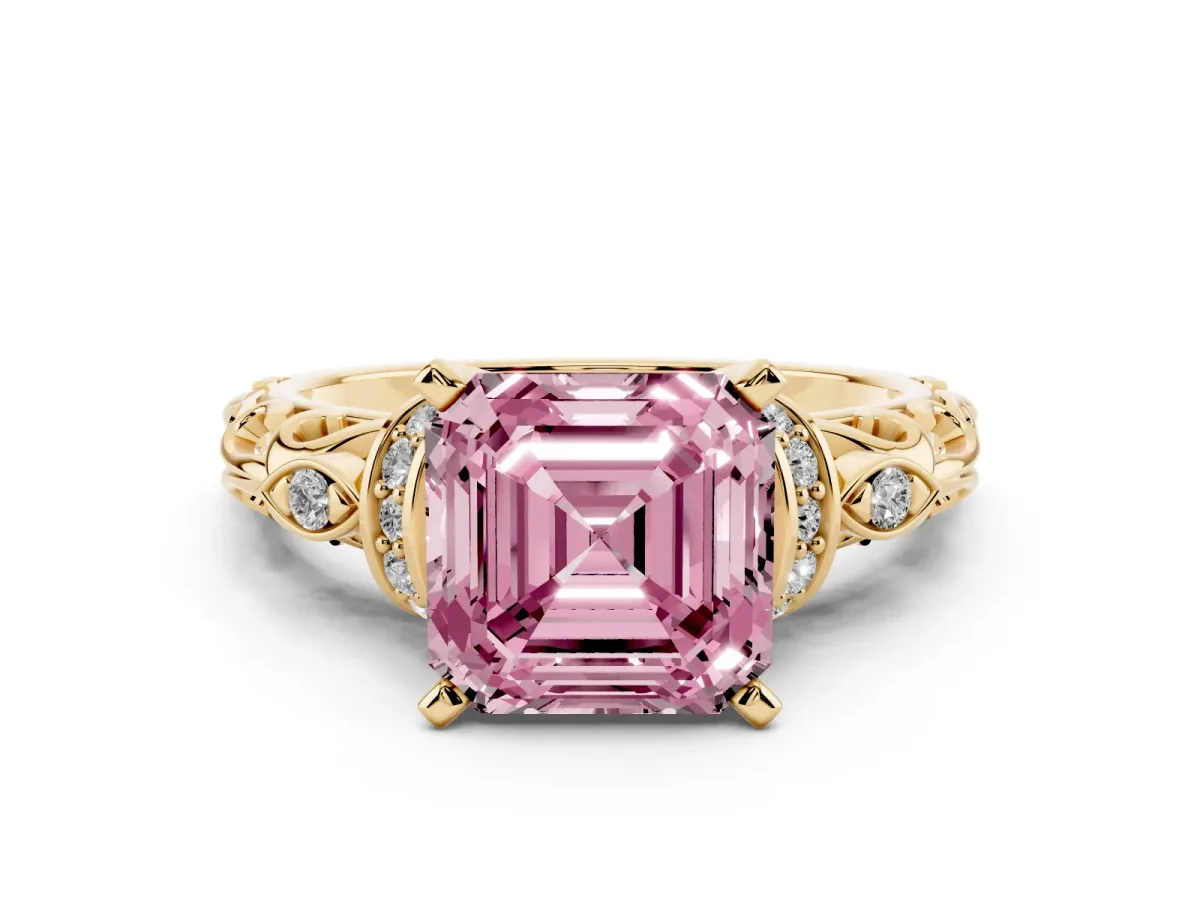 Fancy Pink Asscher Cut Diamond Solitaire Ring with Filigree Band and Four-Prong Setting Yellow gold