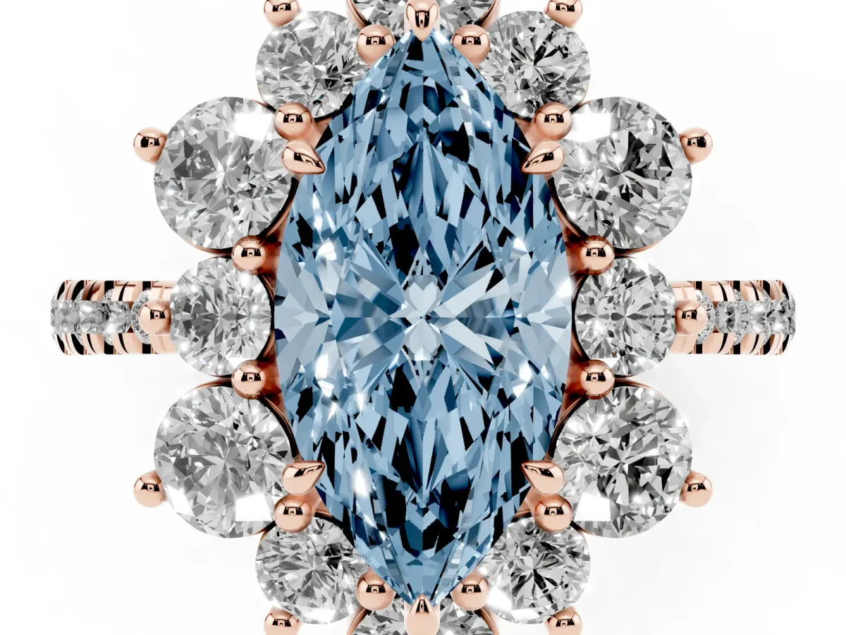 Fancy Blue Marquise Cut Diamond Floral Halo Ring with Round Pavé Band and Prong Setting Rose gold