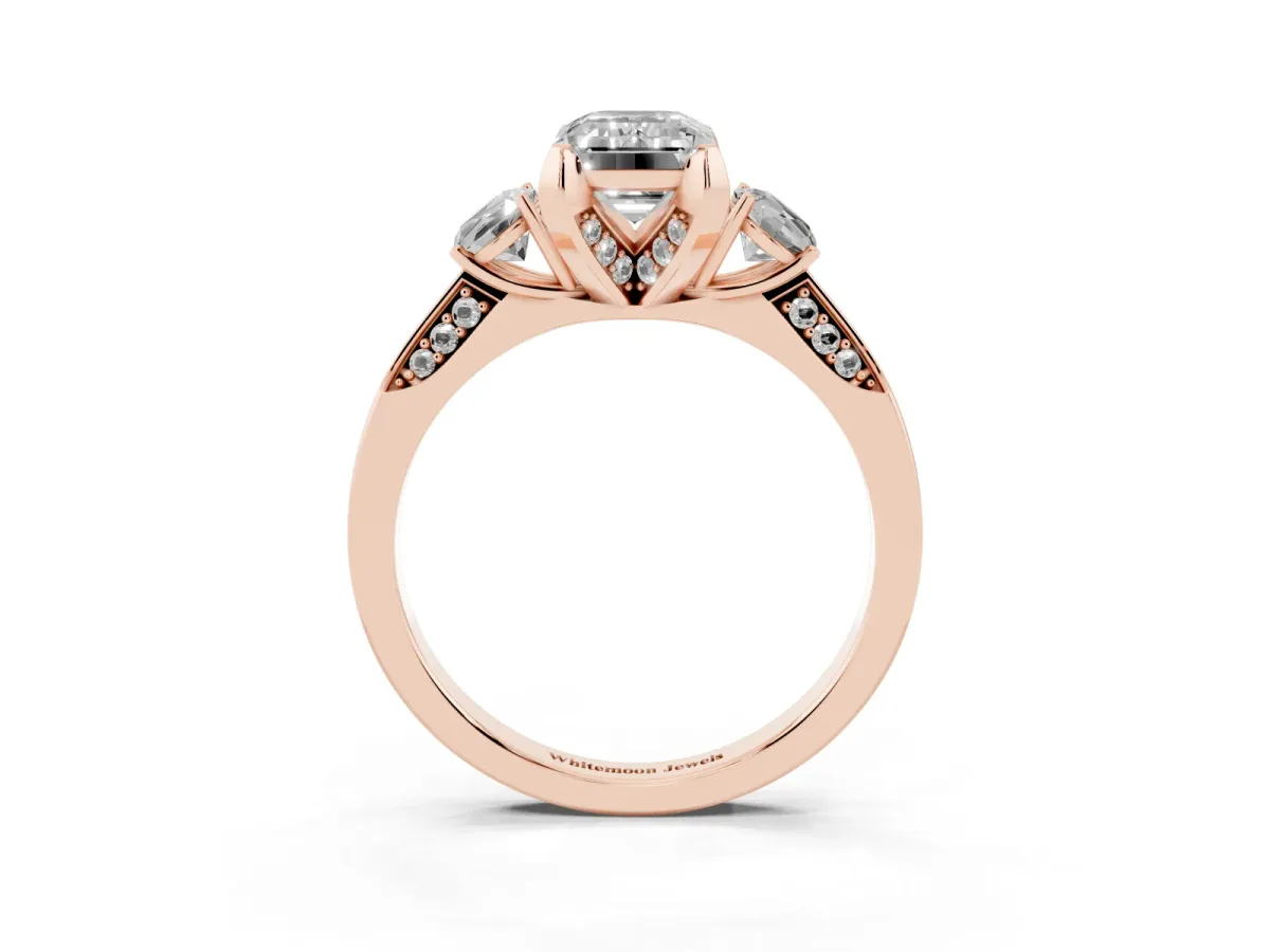 Fancy Black Emerald Cut Brilliant Three-Stone Diamond Ring with Pavé Band and Four-Prong Setting Rose gold