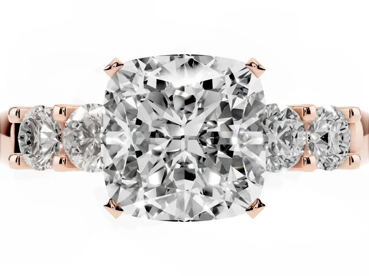 Cushion Cut Brilliant Cut Diamond Five-Stone Prong Set Engagement Ring with Channel Band Rose gold