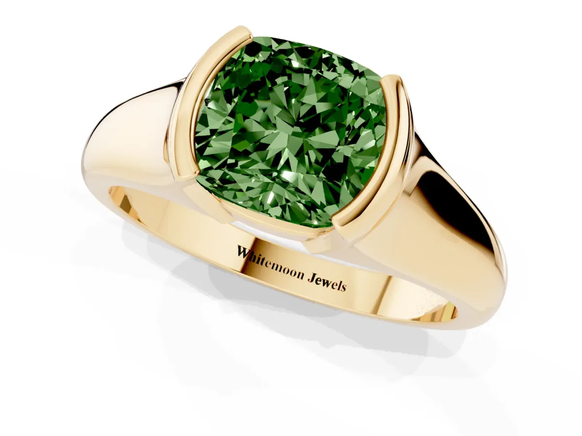 Fancy Green Cushion Cut Solitaire Tension Set Diamond Ring with Split Shank Band Yellow gold