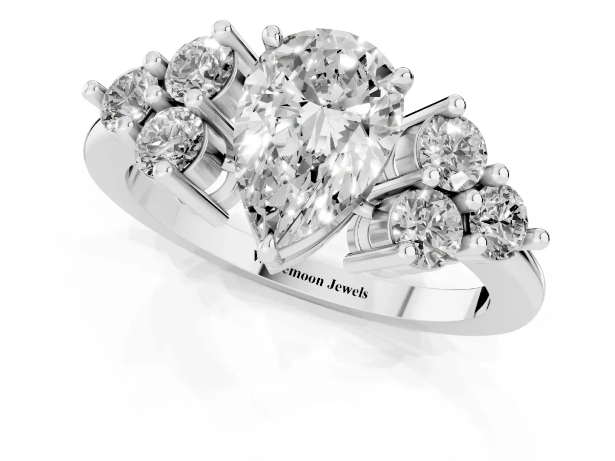 Pear Cut Brilliant Diamond Cluster Accent Solitaire Ring with Prong Setting Silver