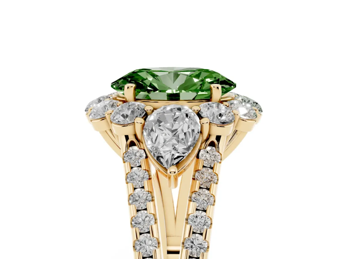 Fancy Green Oval Cut Halo Split Shank Diamond Engagement Ring with Prong Setting Yellow gold