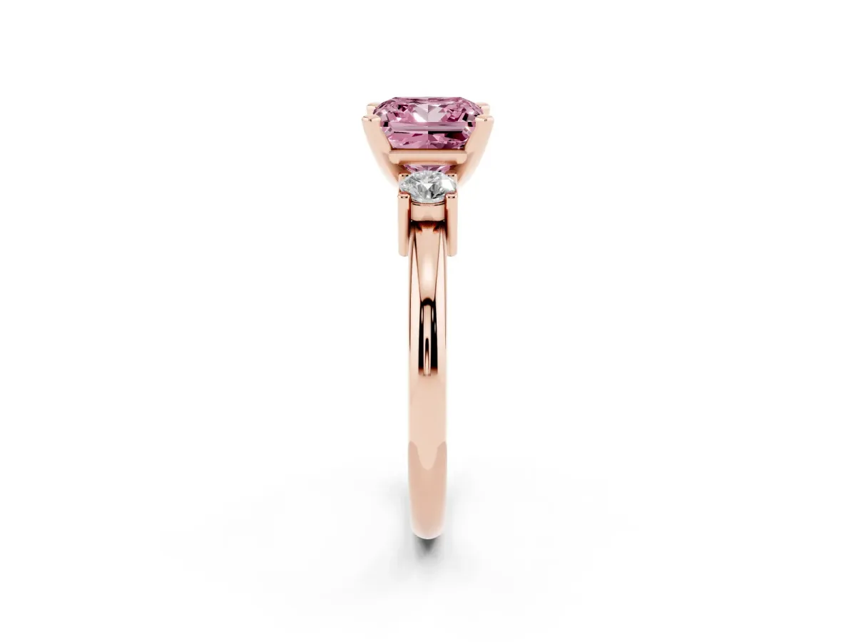 Fancy Pink Three-Stone Princess Cut Cut Diamond Solitaire with Prong Setting and Classic Band Rose gold