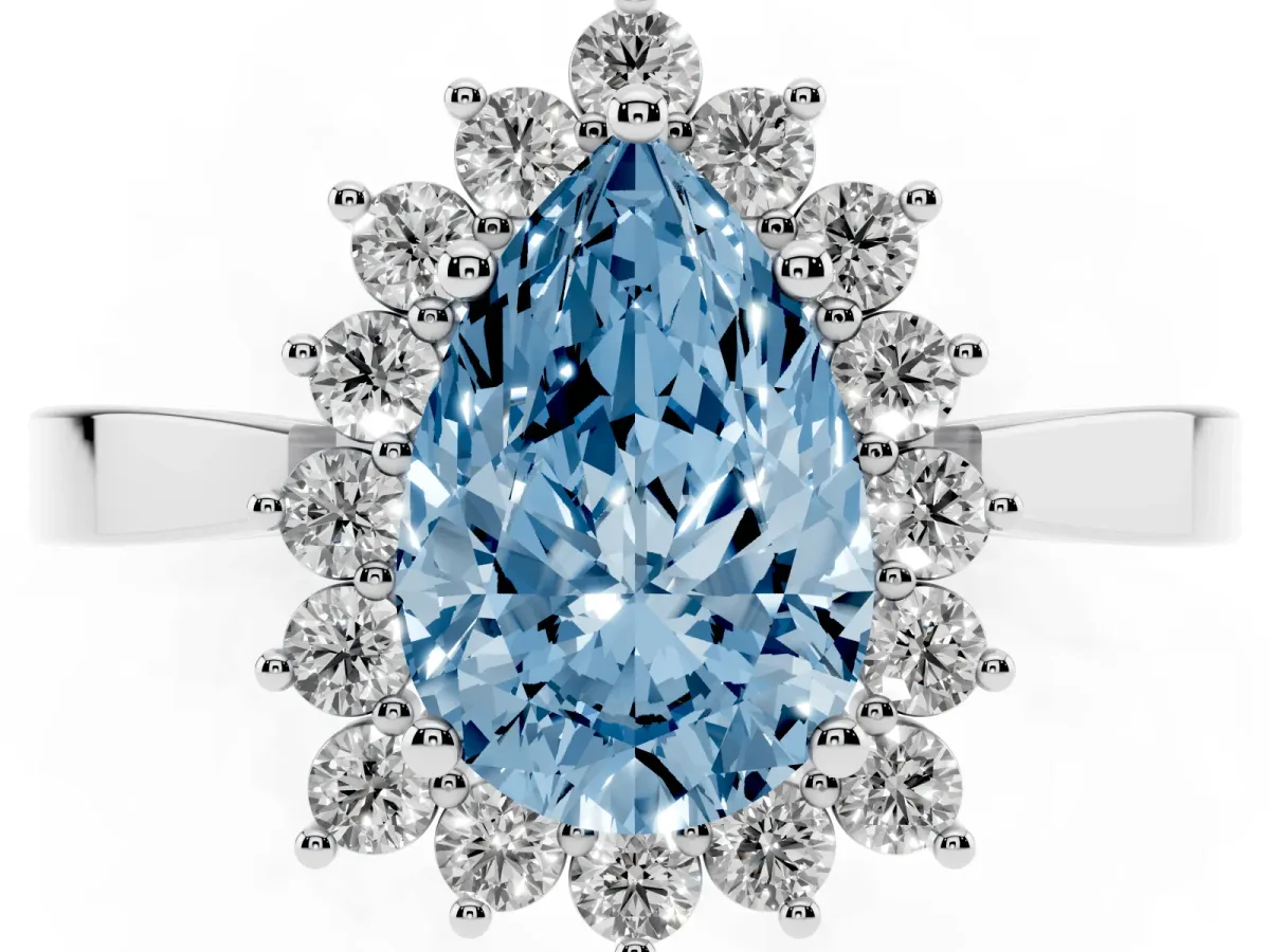 Fancy Blue Pear Cut Cut Diamond Halo Ring with Round Brilliant Halo and Solitaire Band Platinum