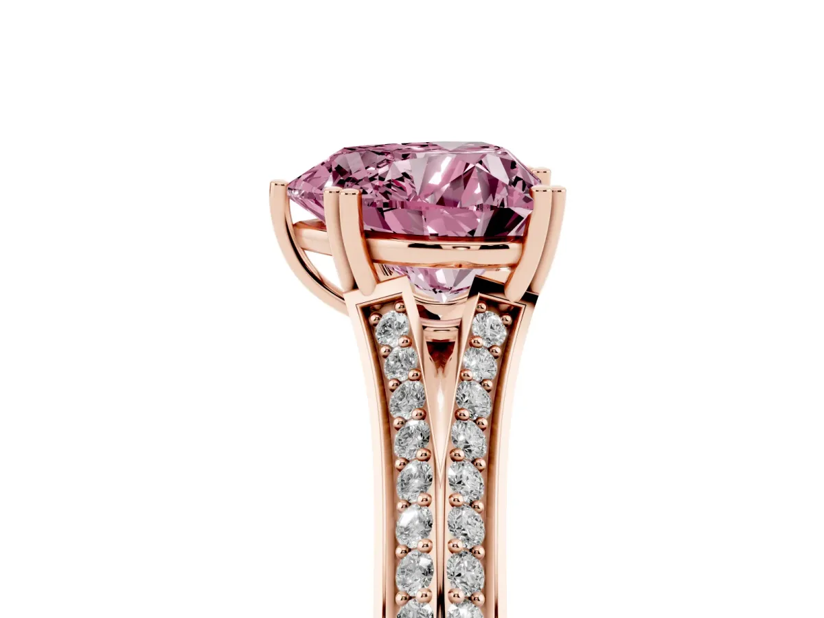 Fancy Pink Heart Cut Diamond Split Shank Engagement Ring with Pavé Band Rose gold