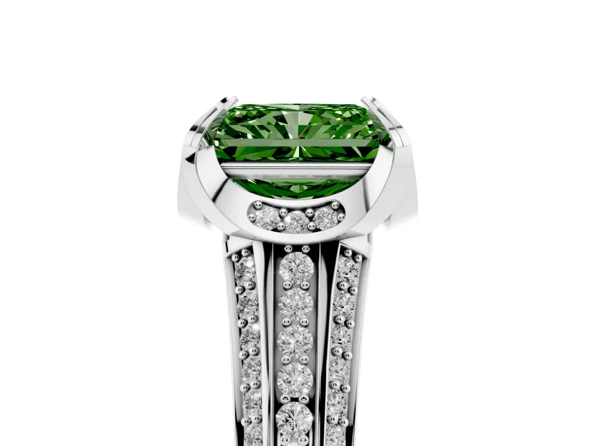 Fancy Green Radiant Cut Solitaire Pave Split Shank Ring with Four-Prong Setting Silver