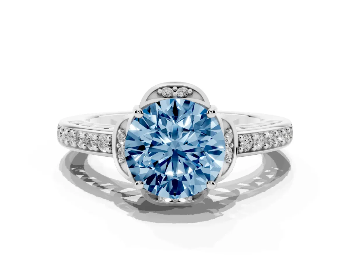 Fancy Blue Round Cut Cut Halo Diamond Ring with Channel Set Band and Four-Prong Setting Silver
