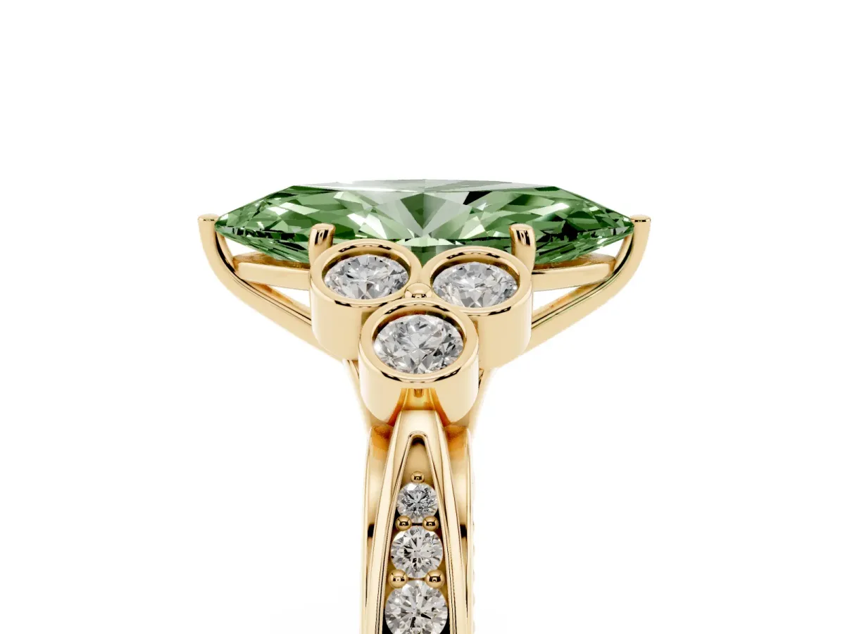 Fancy Green Marquise Cut Cut Diamond Engagement Ring with Bezel Set Round Side Stones and Prong Setting Yellow gold