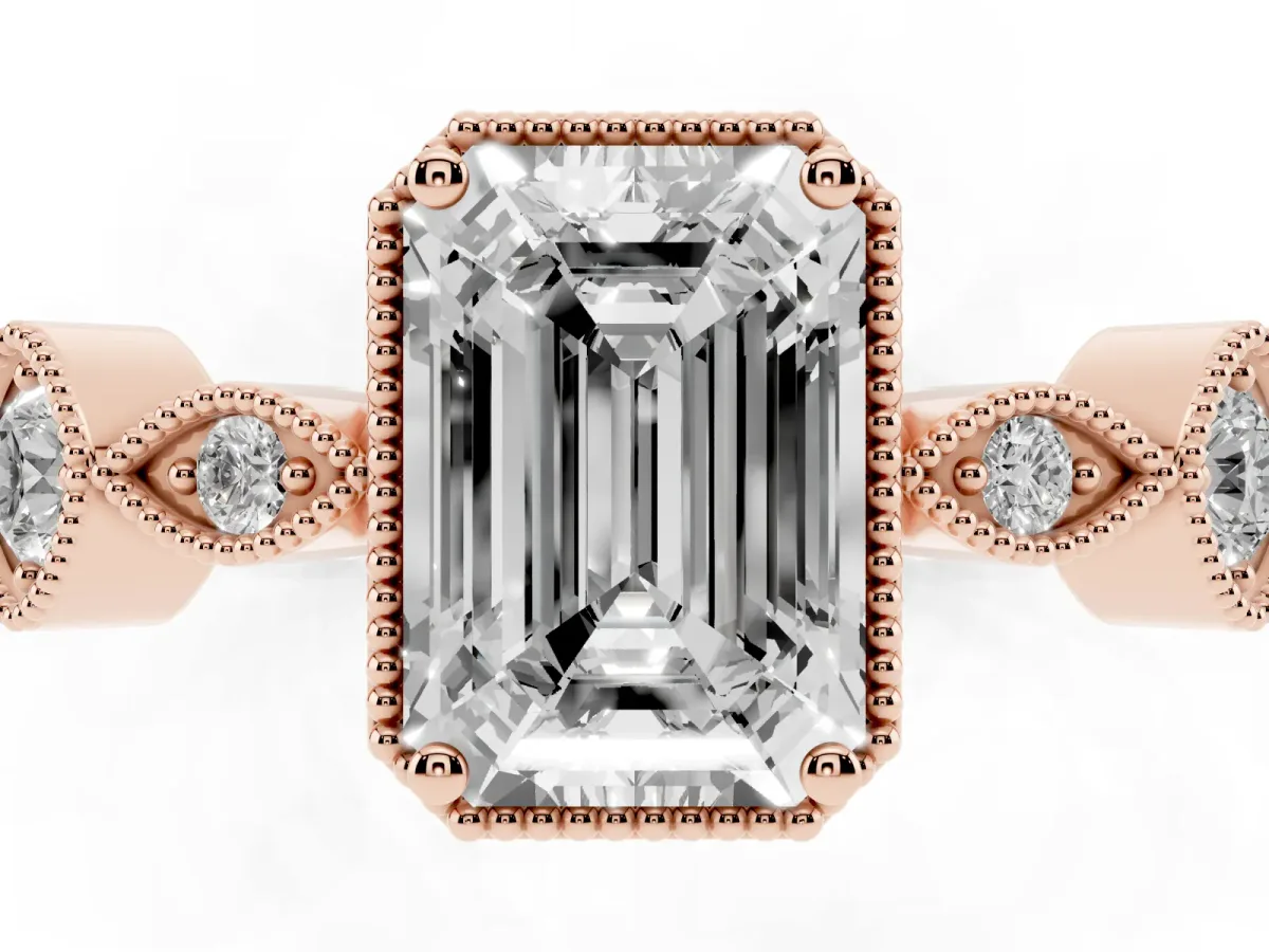 Emerald Cut Diamond Vintage Milgrain Ring with Round Stations Rose gold