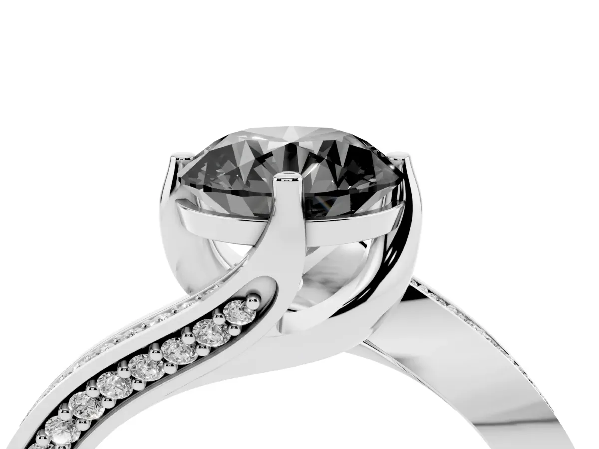 Fancy Black Round Cut Solitaire Diamond Twist Band with Pavé Setting and Four-Prong Setting Silver