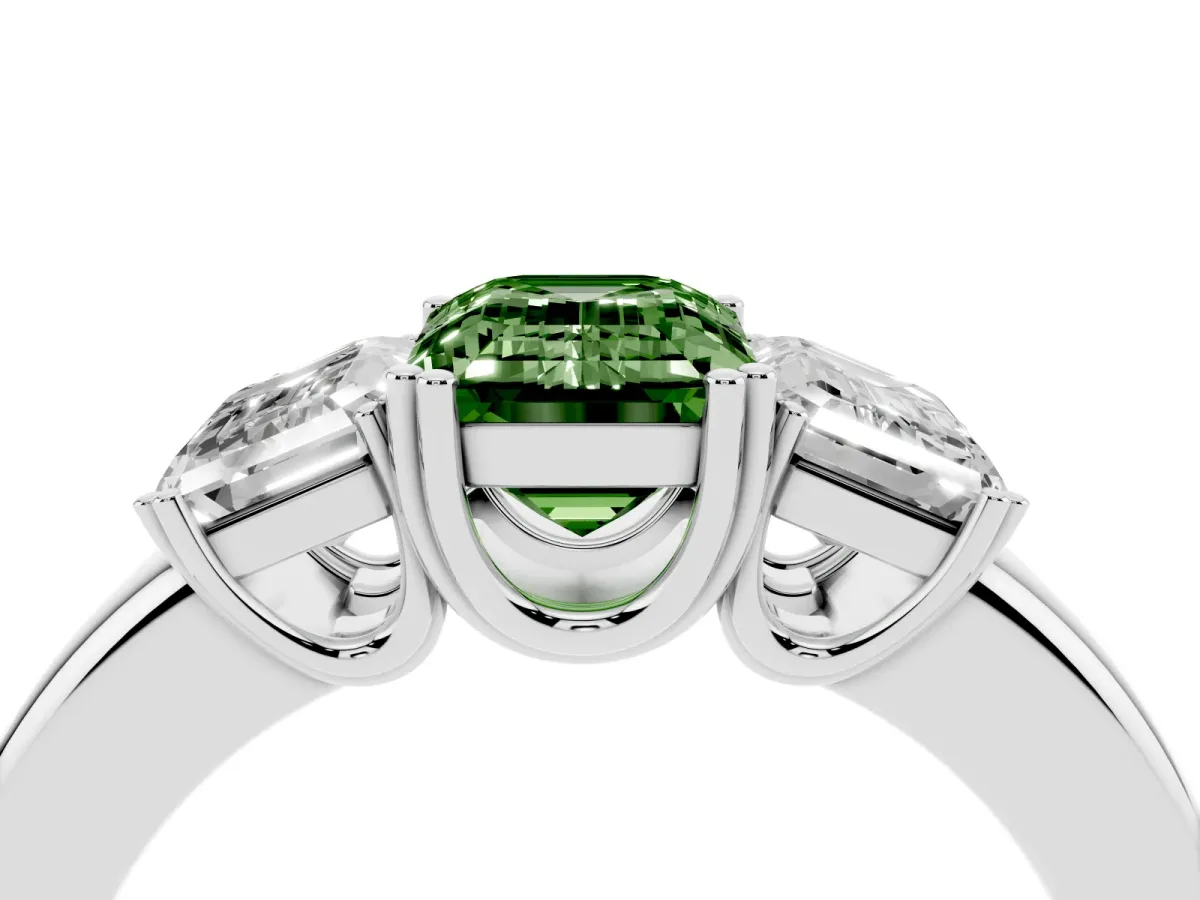 Fancy Green Three-Stone Emerald Cut Cut Diamond Ring with Channel Set Band and Four-Prong Setting Silver