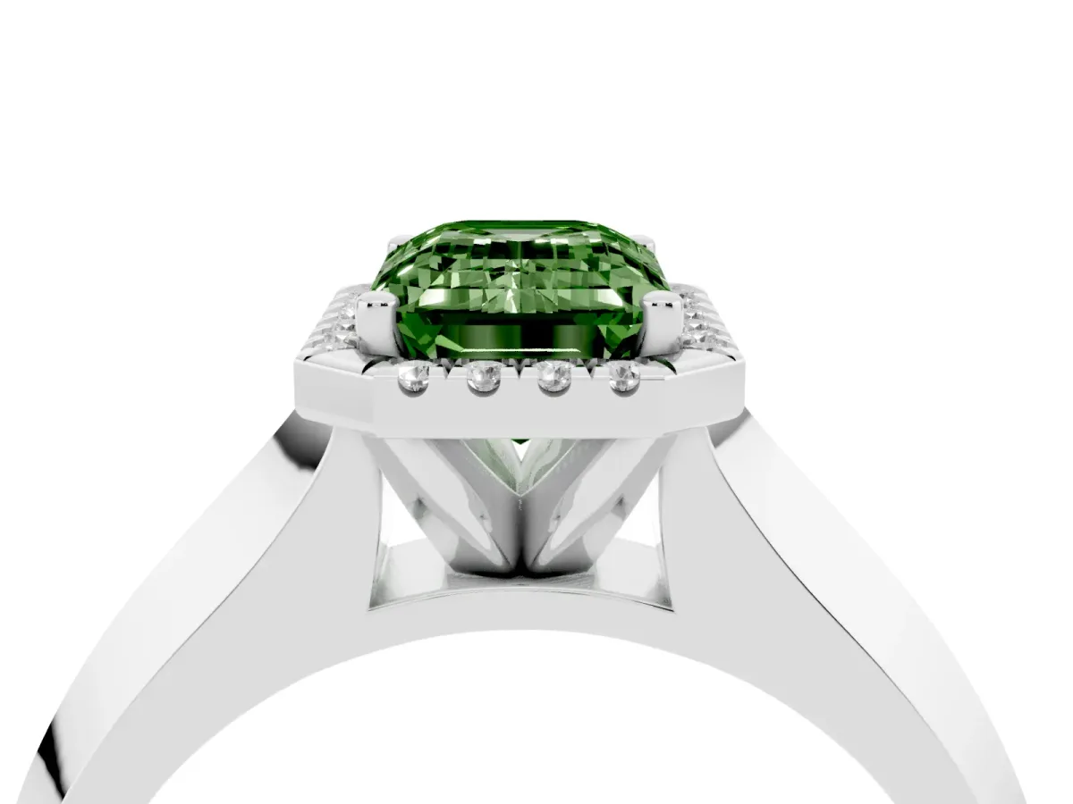 Fancy Green Emerald Cut Halo Diamond Ring with Cathedral Band and Four-Prong Setting Platinum