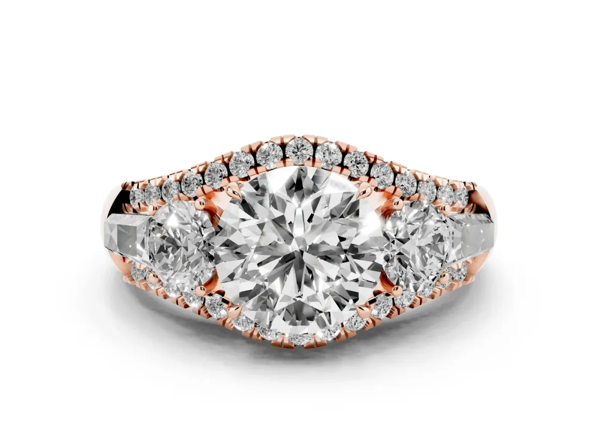 Three-Stone Round Cut Diamond Engagement Ring with Pave Band and Prong Setting Rose gold