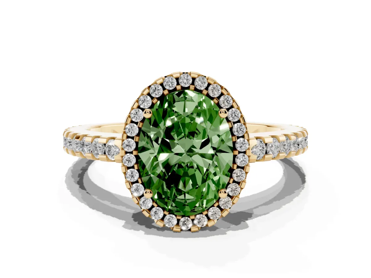 Fancy Green Oval Cut Diamond Halo Engagement Ring with Pavé Band and Prong Setting Yellow gold