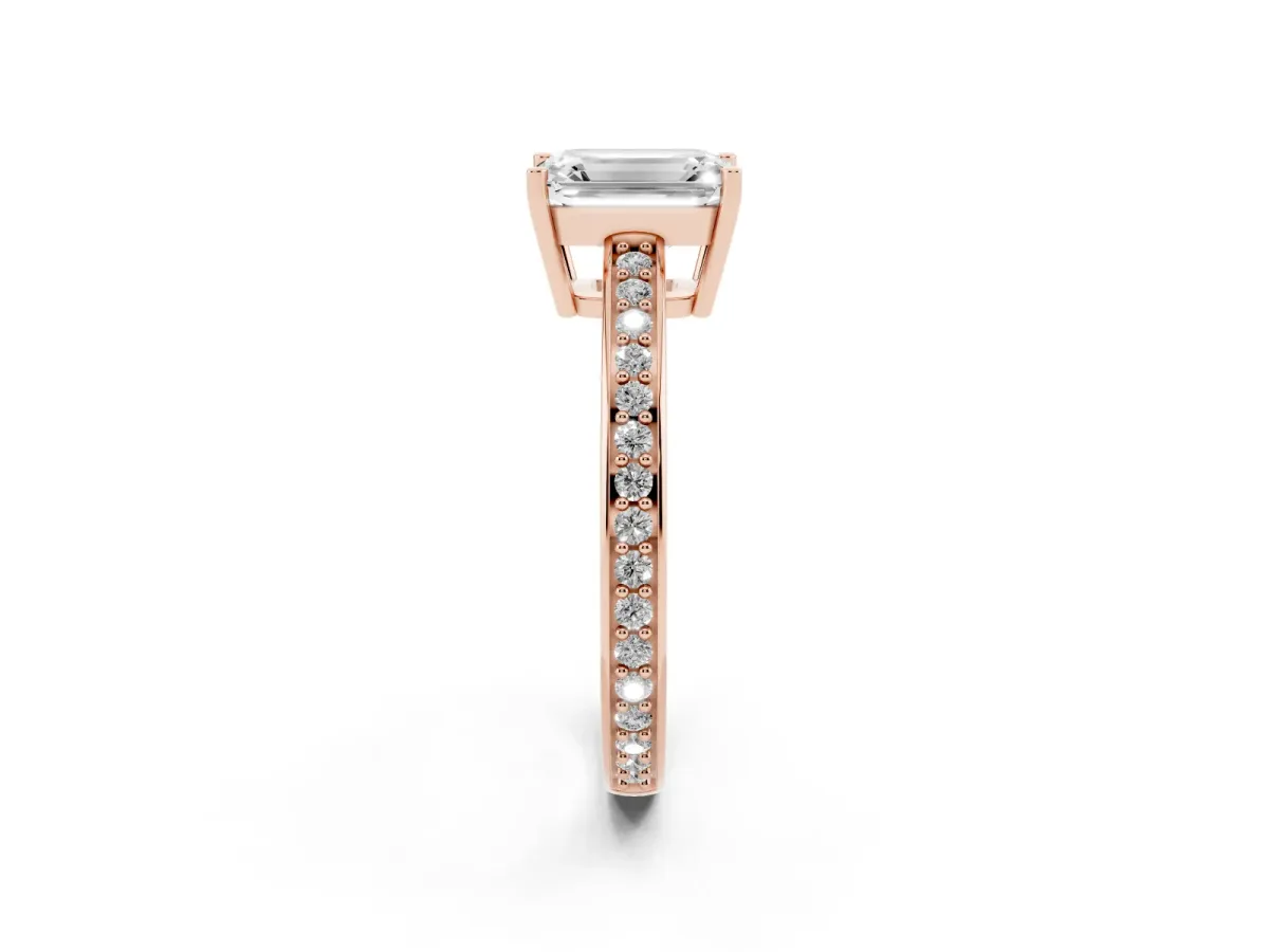 Emerald Cut Solitaire Pavé Band Prong Setting Ring Rose gold