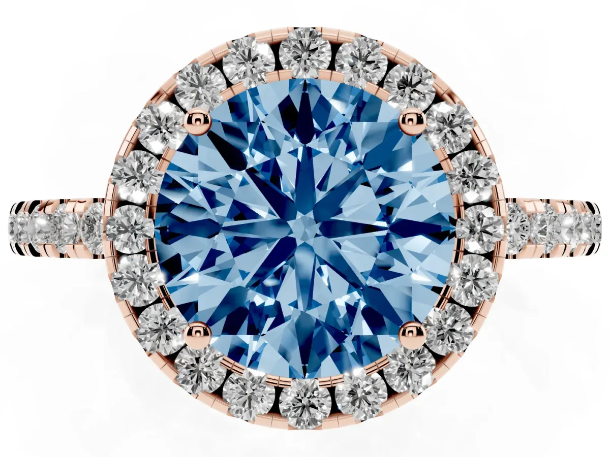 Fancy Blue Round Cut Halo Diamond Engagement Ring with Pavé Band and Four-Prong Setting Rose gold