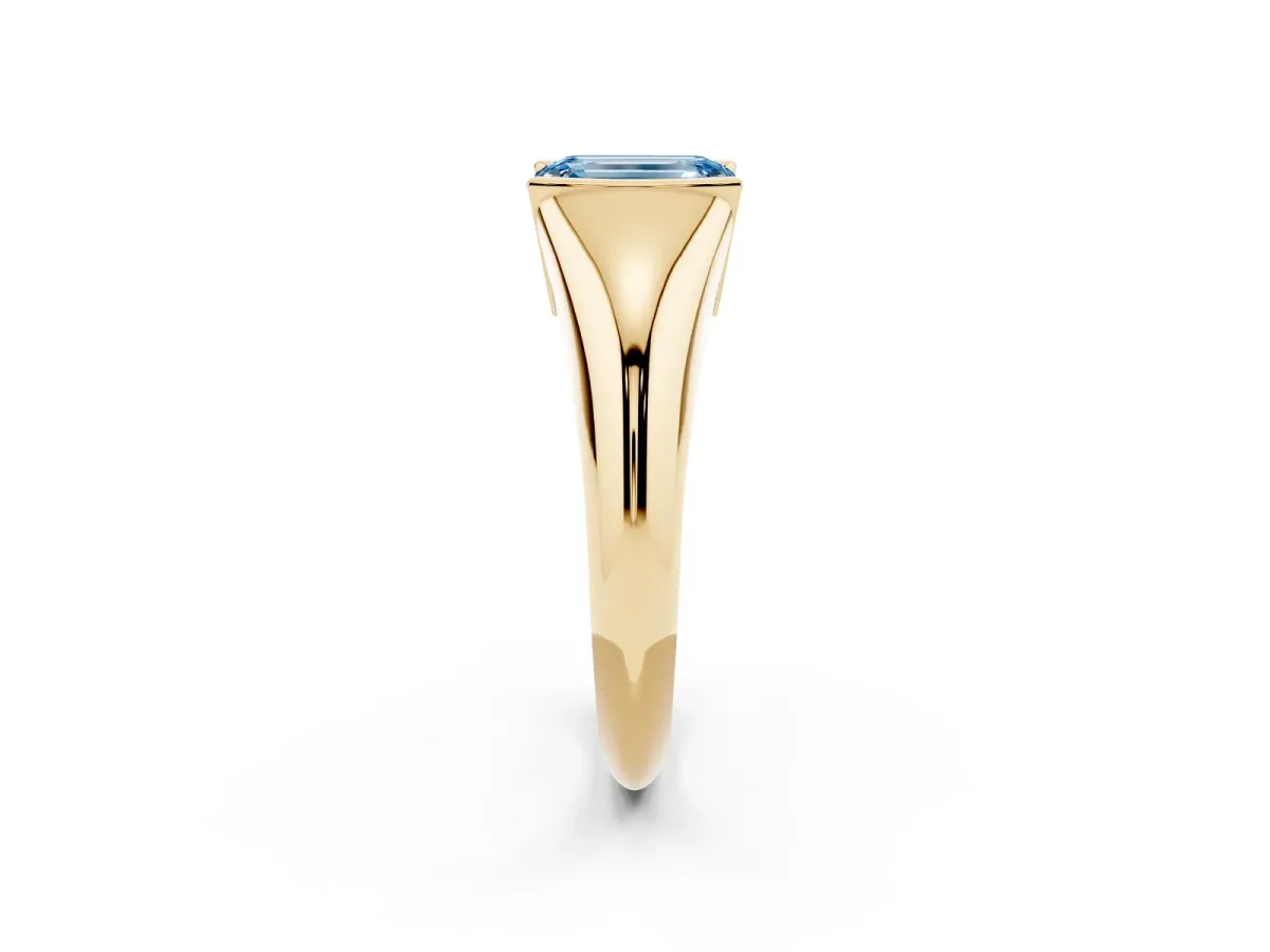 Fancy Blue Emerald Cut Solitaire Tension Set Diamond Ring Yellow gold