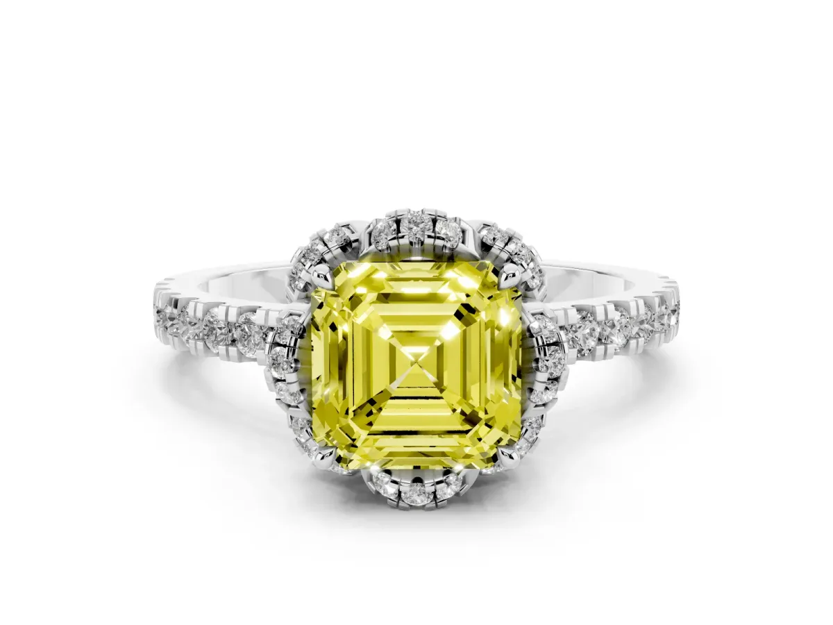 Fancy Yellow Asscher Cut Halo Diamond Pave Band Ring with Four-Prong Setting Silver