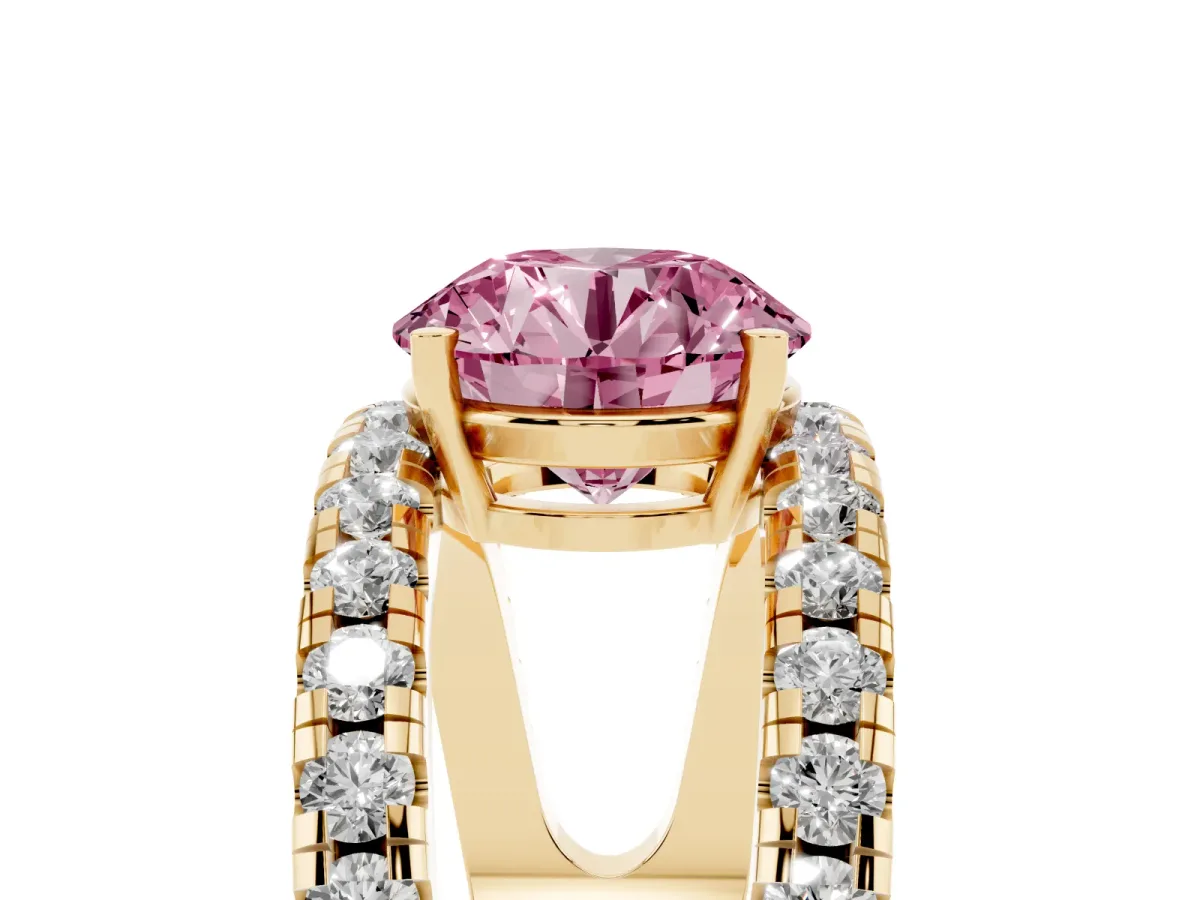 Fancy Pink Round Cut Solitaire Split Shank Pave Diamond Ring Yellow gold