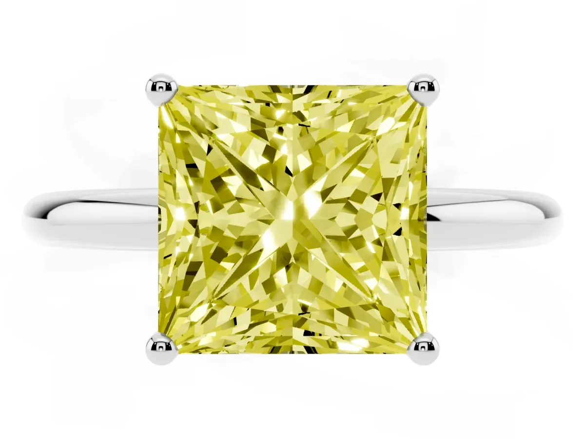 Fancy Yellow Princess Cut Cut Solitaire Engagement Ring with Four-Prong Setting and Classic Band Platinum
