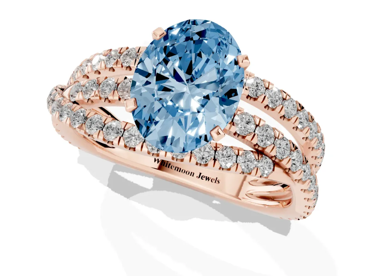 Fancy Blue Oval Cut Solitaire Twist Band with Pavé Setting and Four-Prong Setting Rose gold