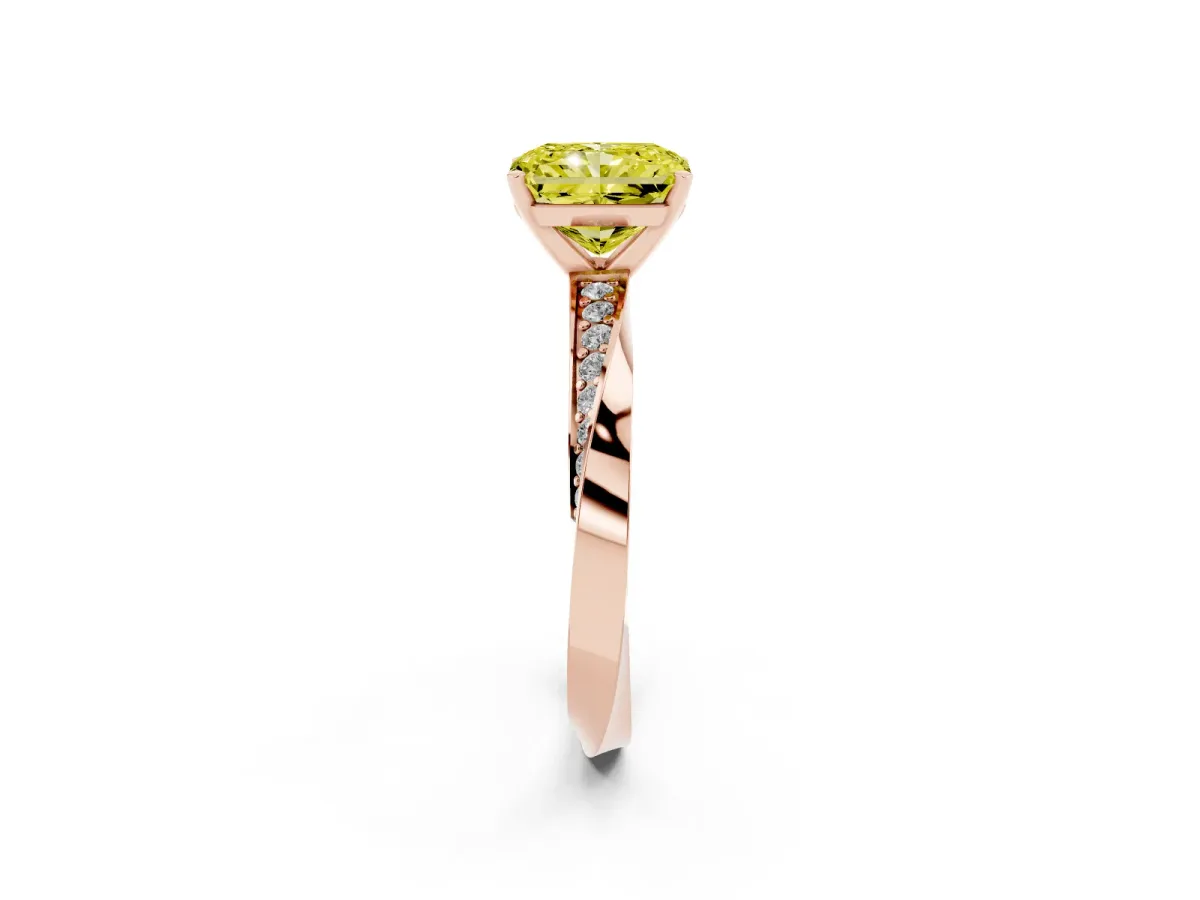 Fancy Yellow Radiant Cut Diamond Engagement Ring with Side Stone Accents and Four-Prong Setting Rose gold