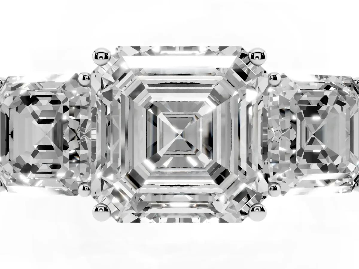 Three-Stone Asscher Cut Cut Diamond Engagement Ring with Flat Band and Four-Prong Setting Platinum