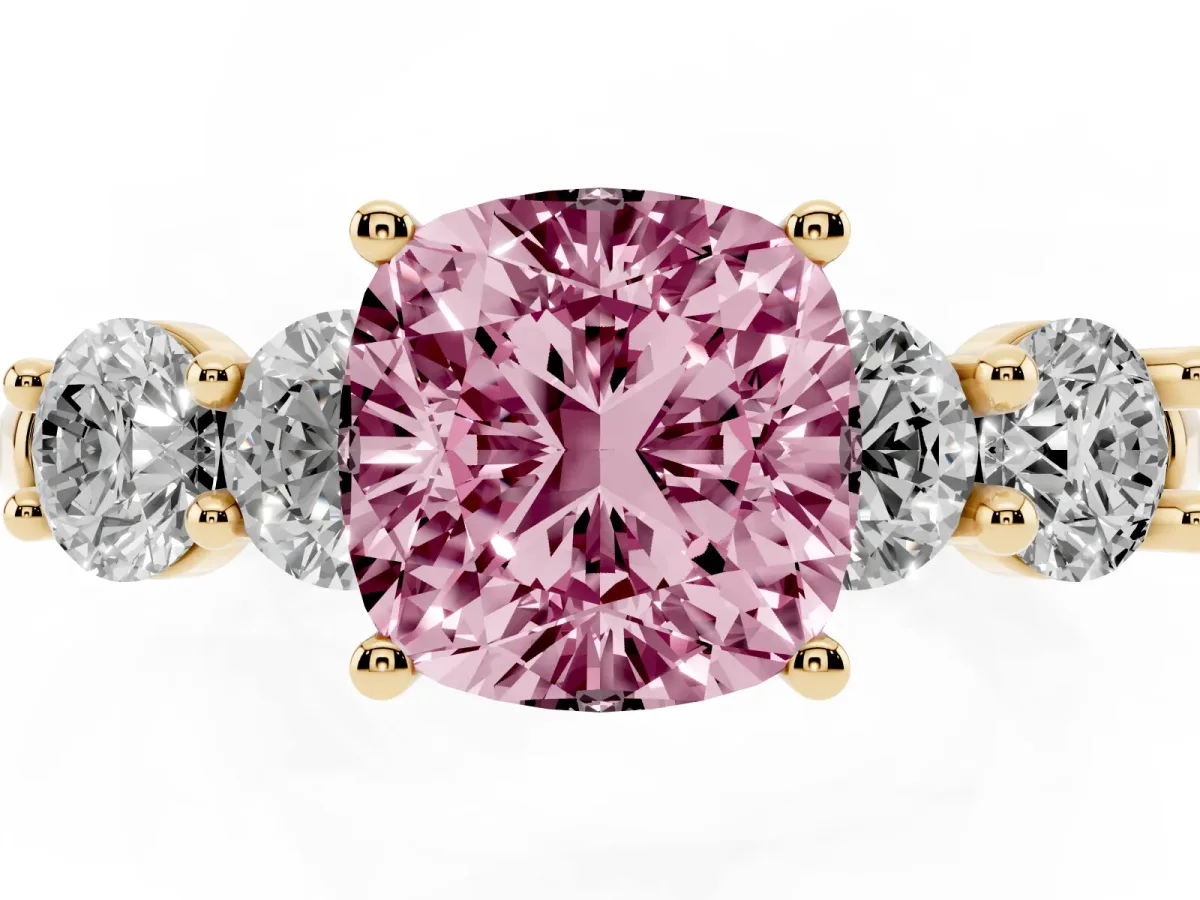 Fancy Pink Cushion Cut Cut Five-Stone Prong Set Diamond Ring with Classic Band Yellow gold