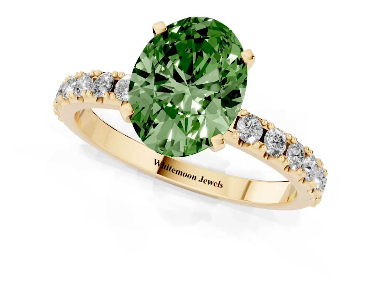 Fancy Green Oval Cut Diamond Solitaire Pavé Band with Four-Prong Setting Yellow gold