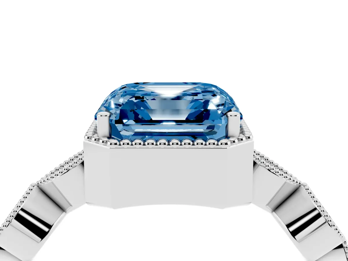 Fancy Blue Asscher Cut Diamond Vintage Milgrain Ring with Round Stations Silver