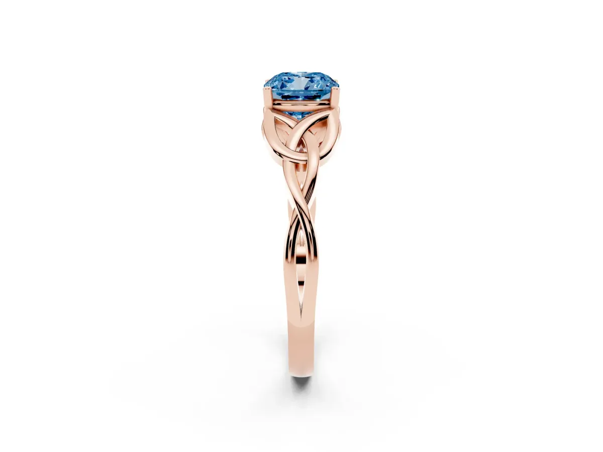 Fancy Blue Cushion Cut Diamond Solitaire Engagement Ring with Celtic Knot Band and Four-Prong Setting Rose gold