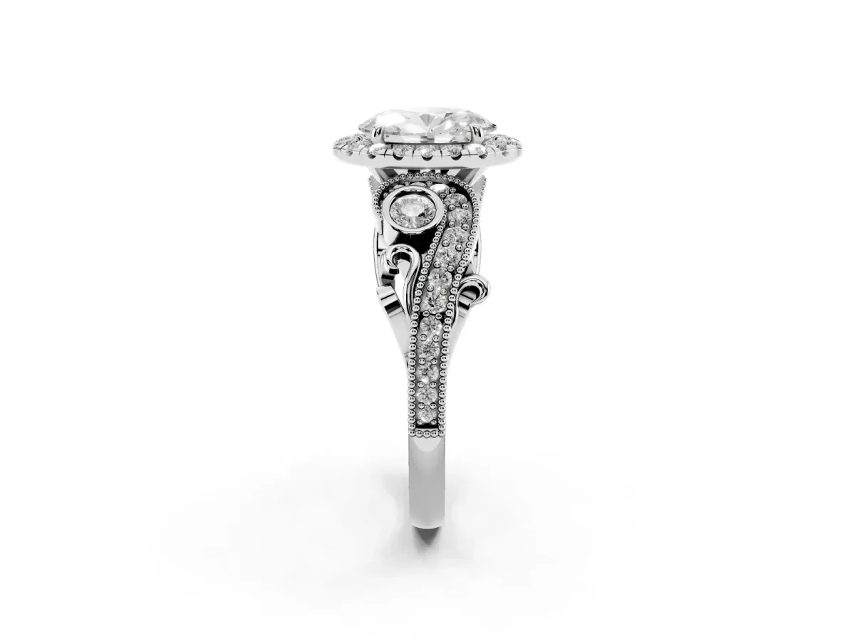 Oval Cut Halo Diamond Ring with Milgrain and Bezel Accents on a Split Shank Band Silver