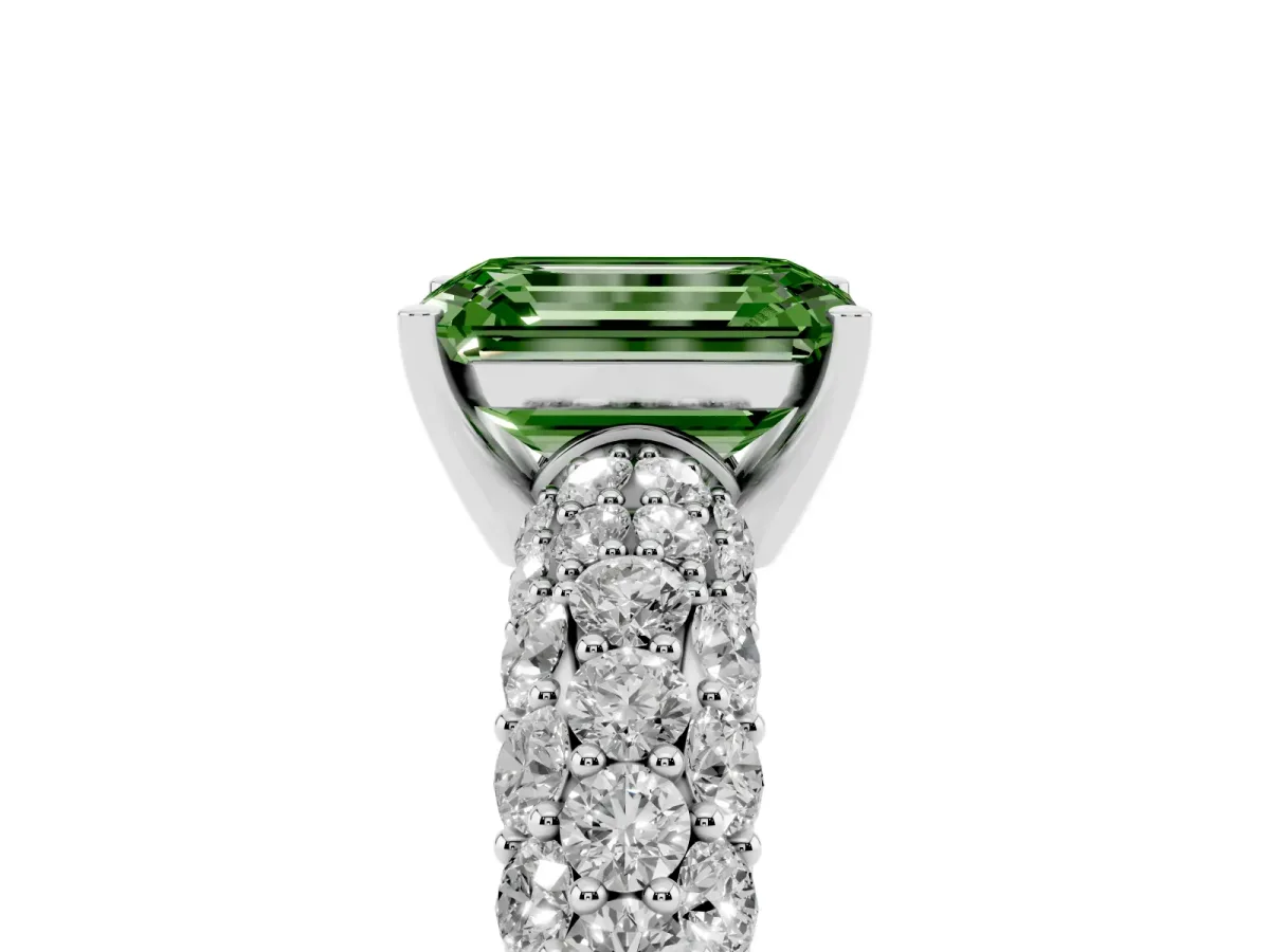 Fancy Green Emerald Cut Diamond Pavé Band Solitaire Ring with Four-Prong Setting Silver