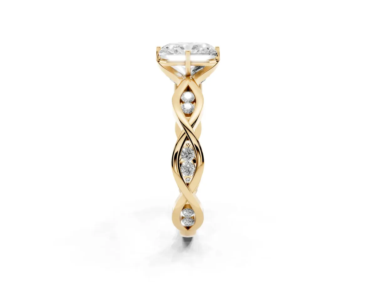 Radiant Cut Solitaire Twist Band with Leaf Prong Setting Yellow gold