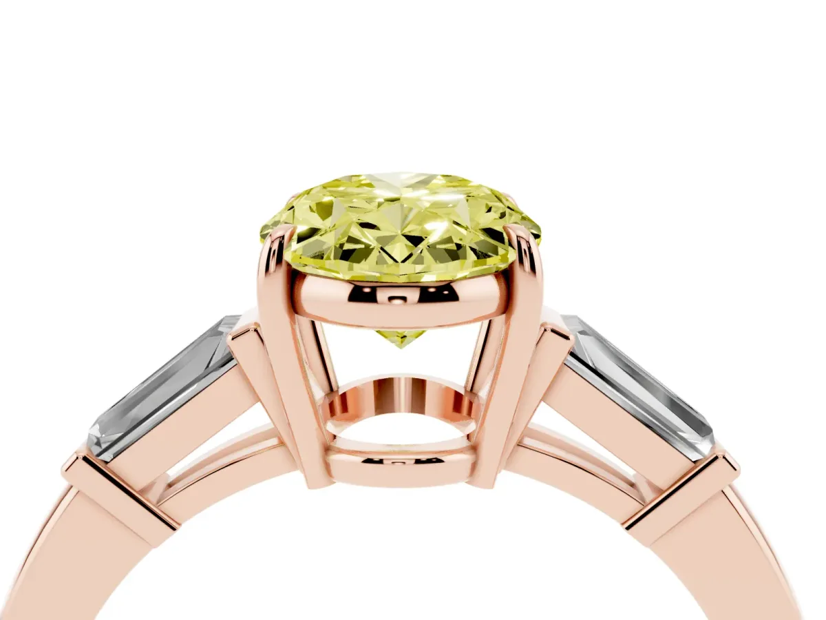 Fancy Yellow Oval Cut Diamond Three-Stone Ring with Tapered Baguette Side Stones and Prong Setting Rose gold