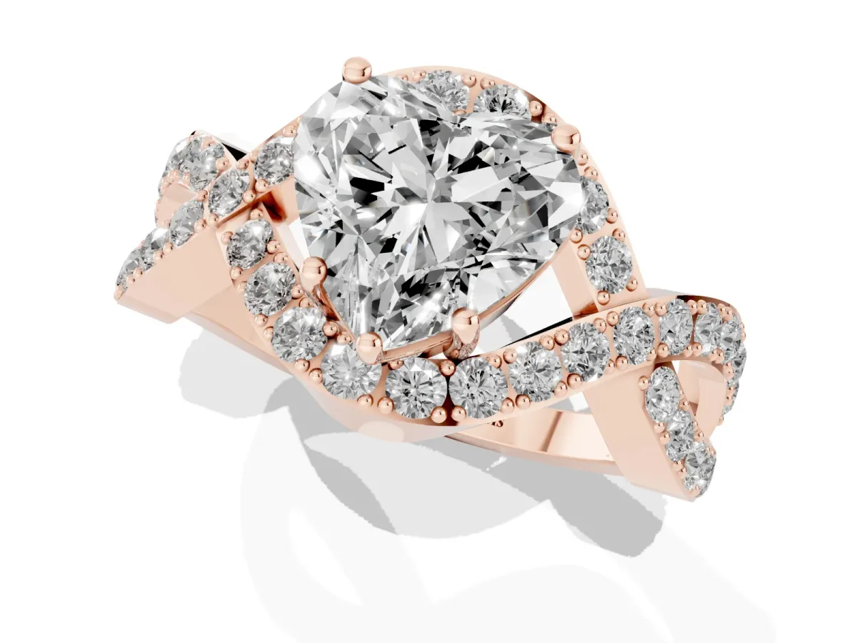 Heart Cut Solitaire Twist Band Pavé Diamond Engagement Ring Rose gold