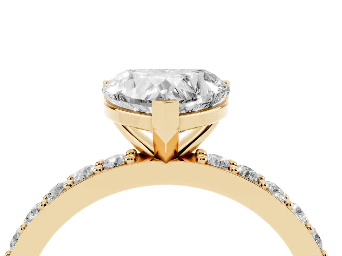 Heart Cut Cut Diamond Solitaire with Pave Band and Four-Prong Setting Yellow gold