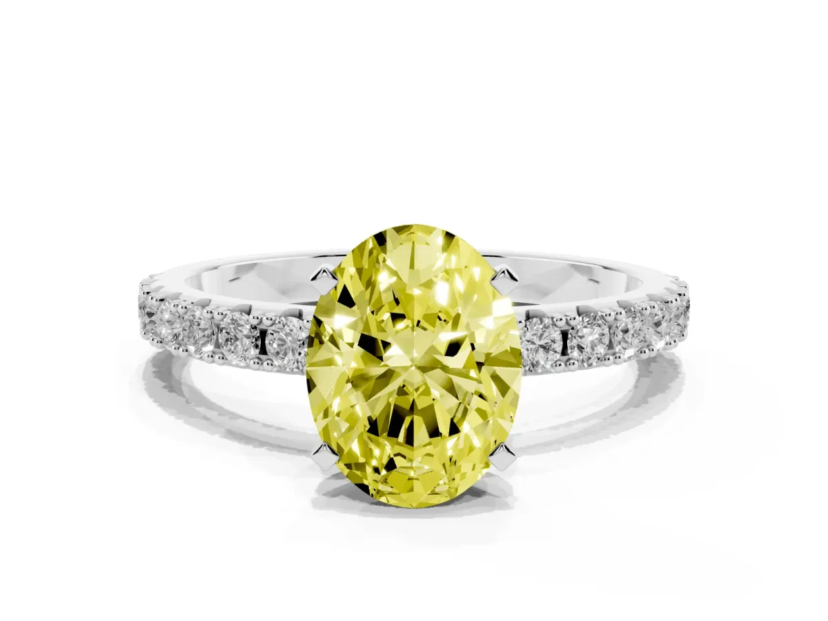 Fancy Yellow Oval Cut Diamond Solitaire Pavé Band with Four-Prong Setting Silver