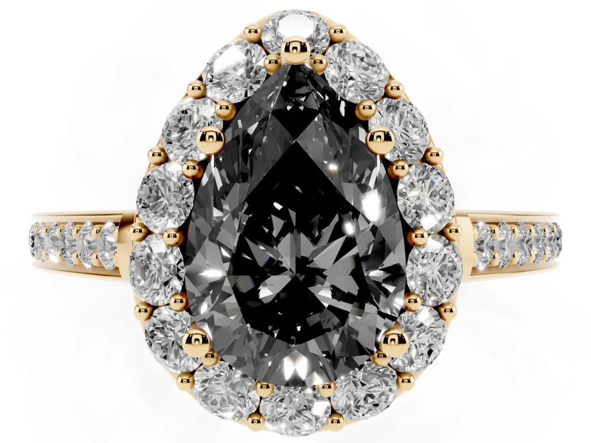 Fancy Black Pear Cut Diamond Floral Halo Ring with Pavé Band and Prong Setting Yellow gold
