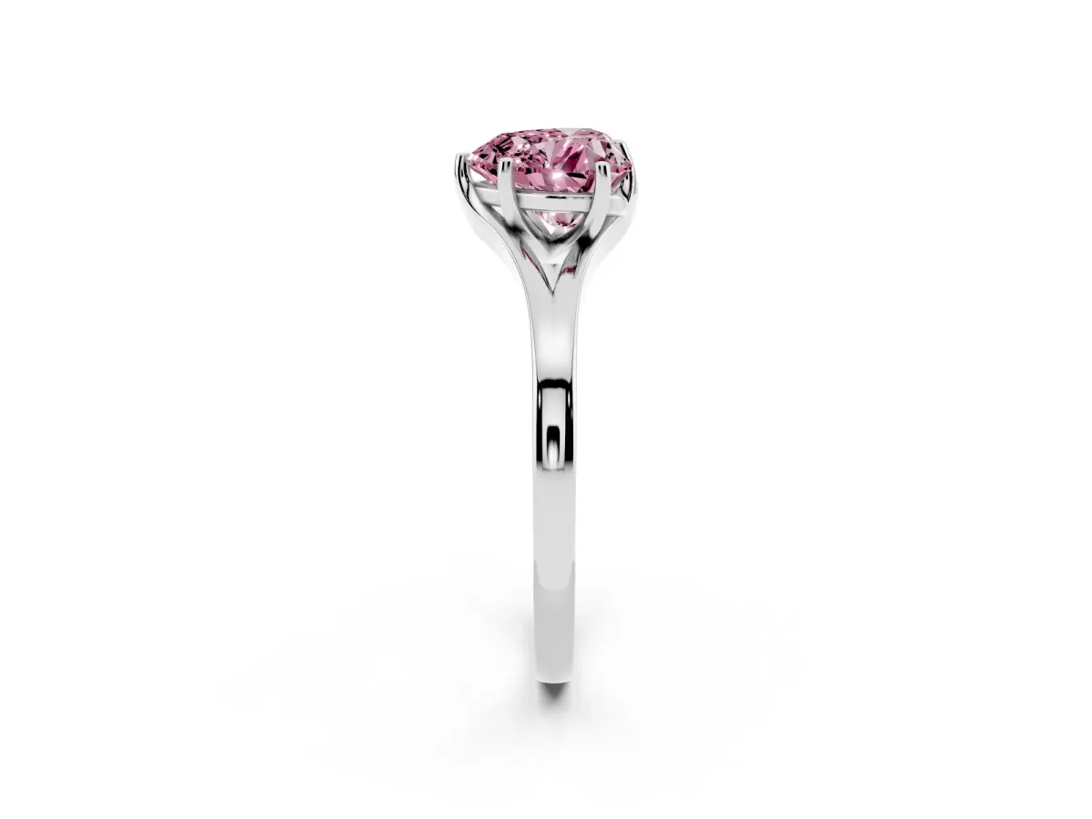 Fancy Pink Heart Cut Solitaire Diamond Ring with Six-Prong Setting and Tapered Band Platinum