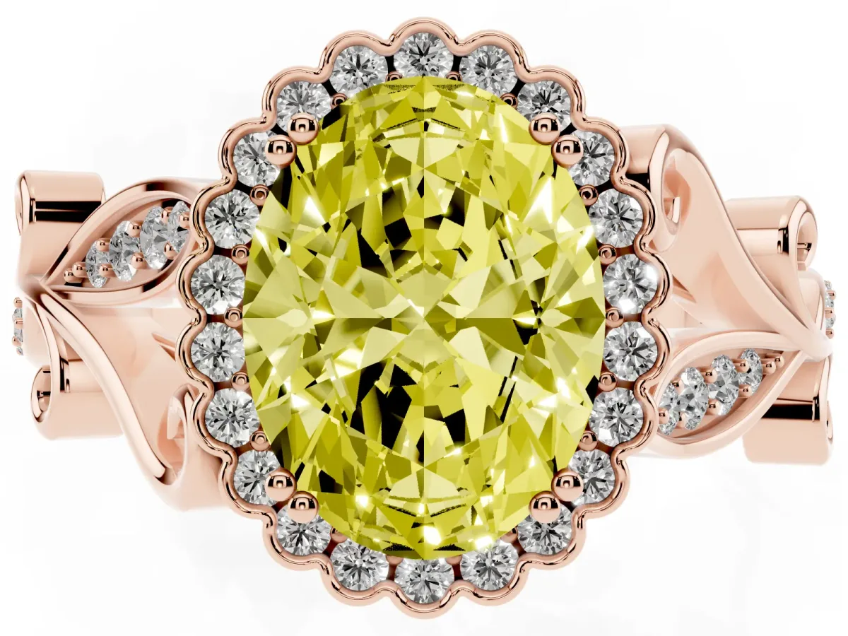 Fancy Yellow Oval Cut Diamond Halo Ring with Vintage Split Shank and Four-Prong Setting Rose gold