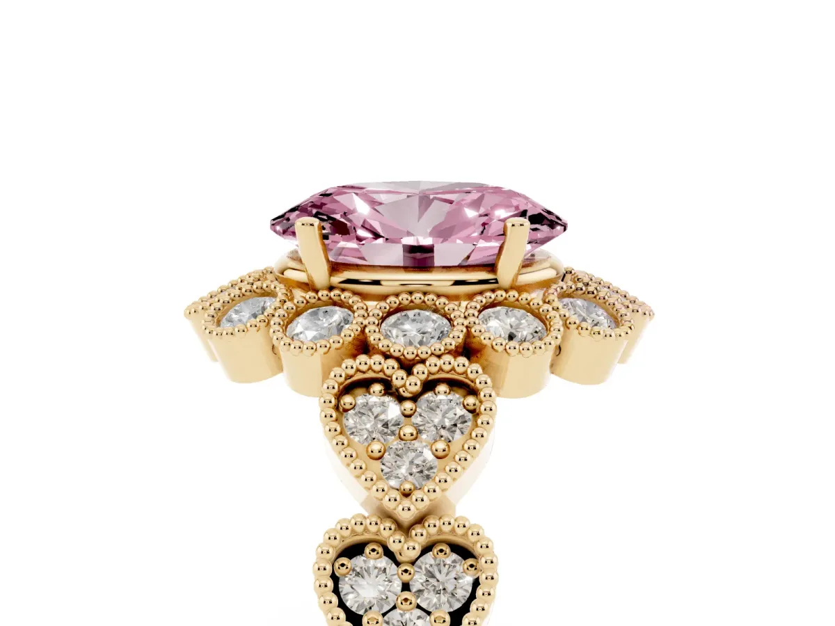 Fancy Pink Oval Cut Brilliant Milgrain Pave Heart Band Solitaire Ring Yellow gold