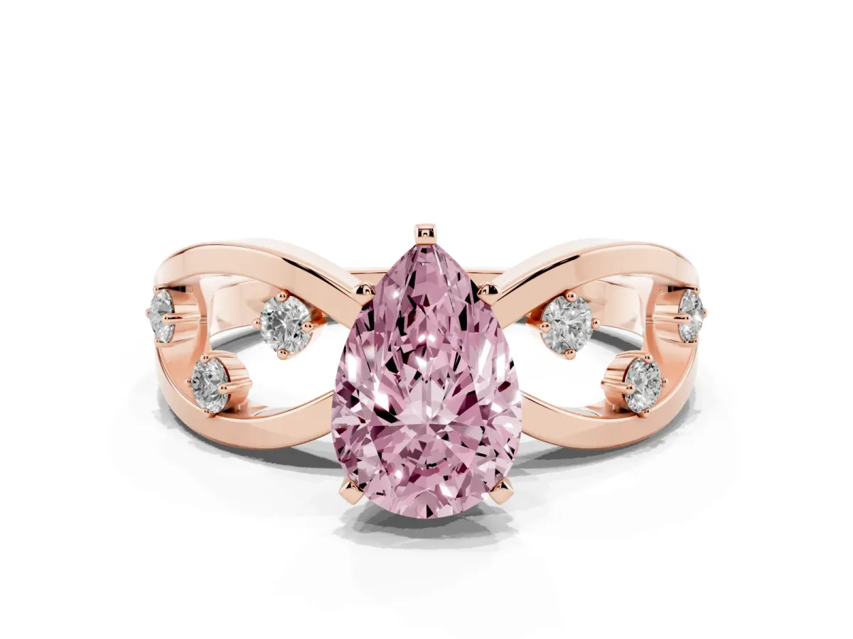 Fancy Pink Pear Cut Cut Solitaire Diamond with Side Stones on Criss-Cross Band and Four-Prong Setting Rose gold