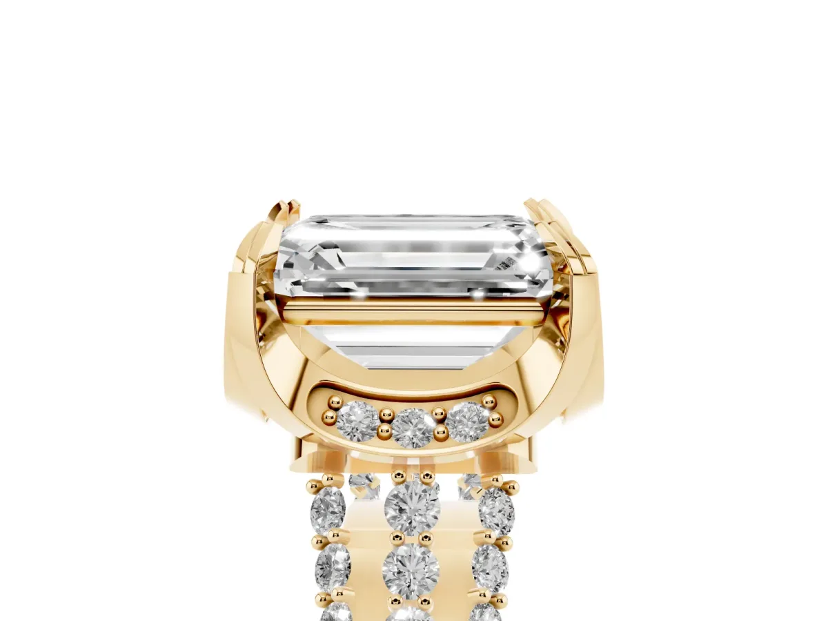 Emerald Cut Solitaire Pave Split Shank Ring with Four-Prong Setting Yellow gold