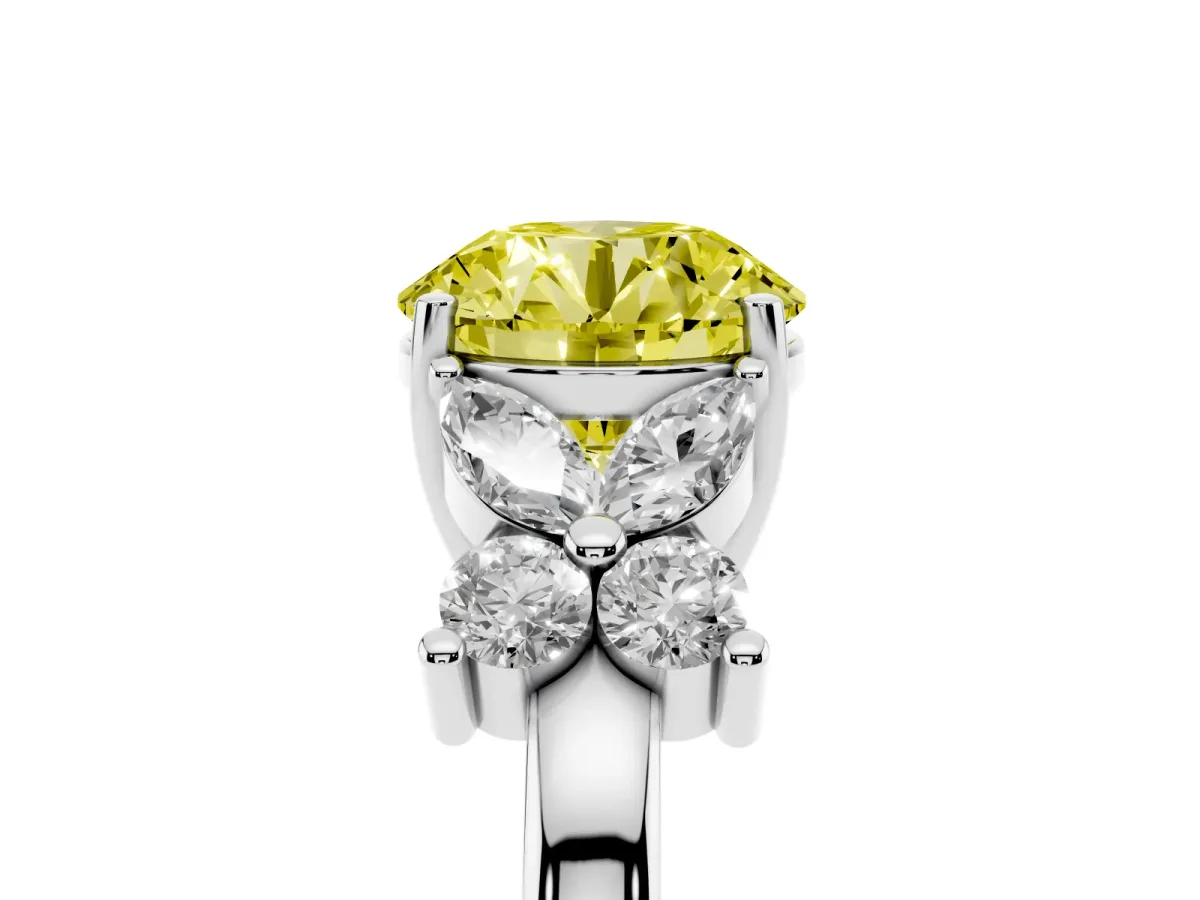 Fancy Yellow Round Cut Diamond Floral Cluster Ring with Solitaire Band and Prong Setting Platinum