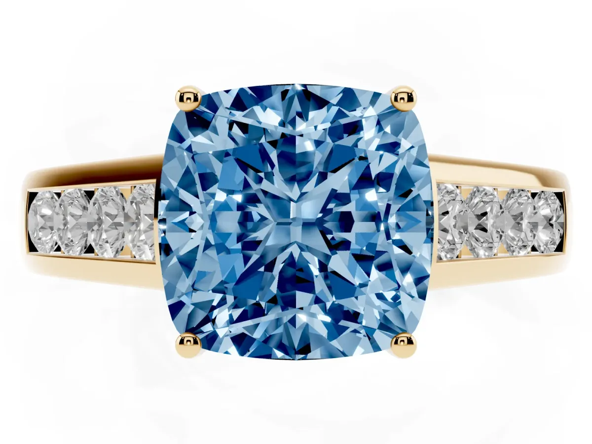 Fancy Blue Cushion Cut Brilliant Channel-Set Solitaire Ring with Four-Prong Setting Yellow gold