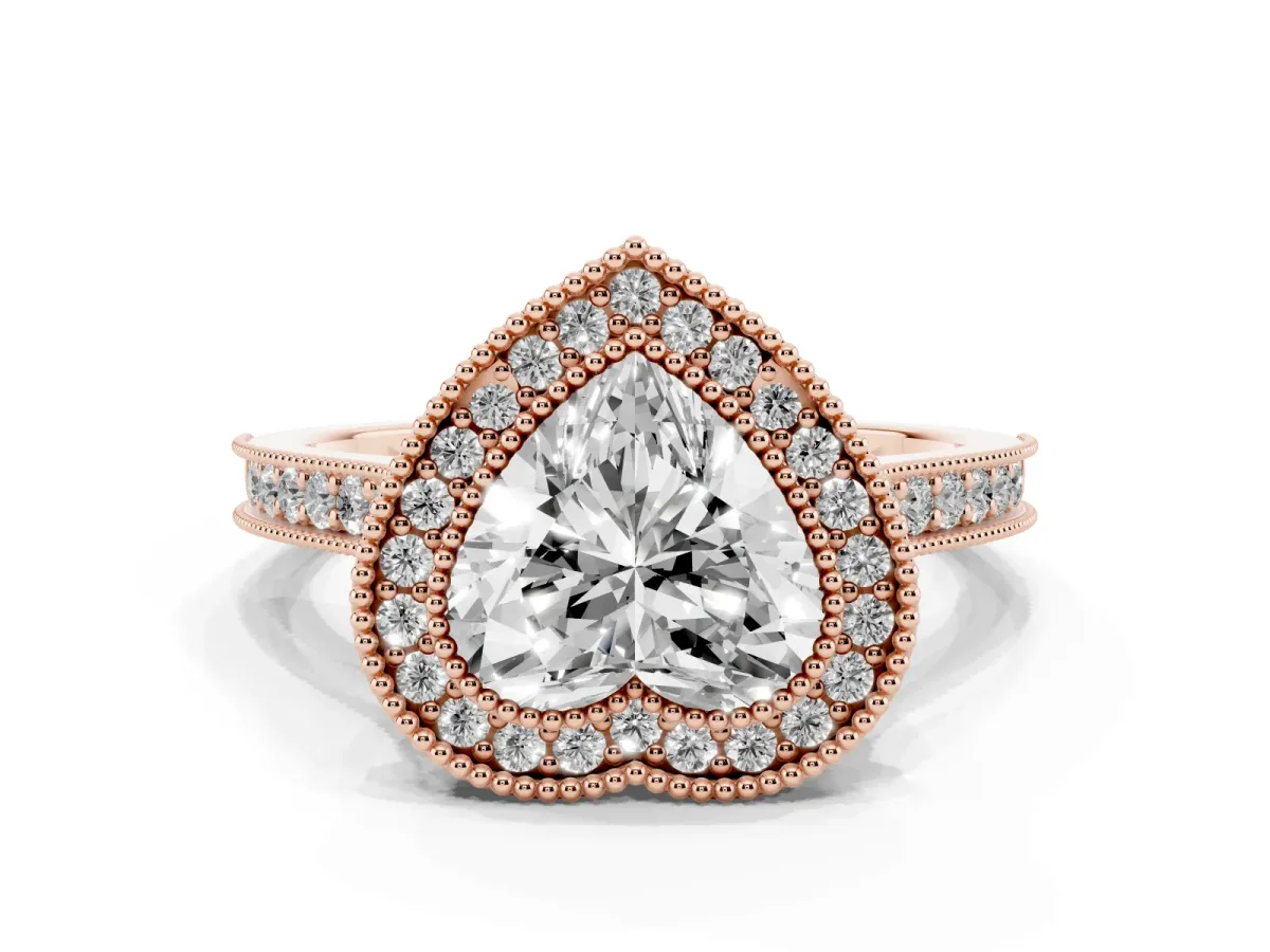 Halo Heart Cut-Cut Diamond Pave Band Milgrain Prong Setting Ring Rose gold