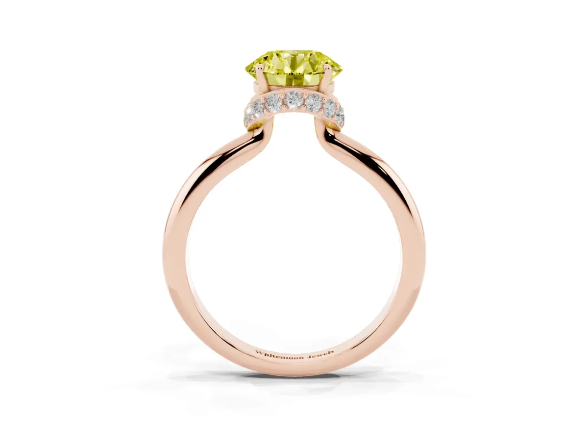 Fancy Yellow Round Cut Brilliant Solitaire Engagement Ring with Six-Prong Setting and Classic Band Rose gold