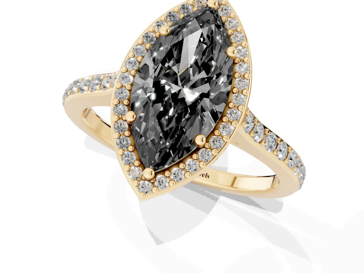 Fancy Black Marquise Cut Diamond Halo Engagement Ring with Round Pavé Shoulders and Prong Setting Yellow gold